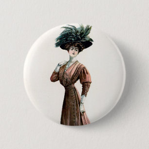 Vintage Fashion Illustration Lady Feather Hat  6 Cm Round Badge