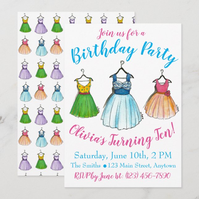 Vintage Fashion Pastel Prom Dresses Birthday Party Invitation (Front/Back)