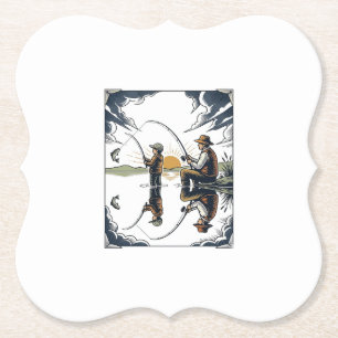 Vintage Father and Child Fishing Engraving Shirt D Paper Coaster