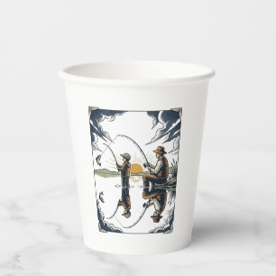 Vintage Father and Child Fishing Engraving Shirt D Paper Cups