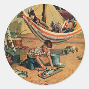 Vintage Father and Son Camping, Happy Father's Day Classic Round Sticker