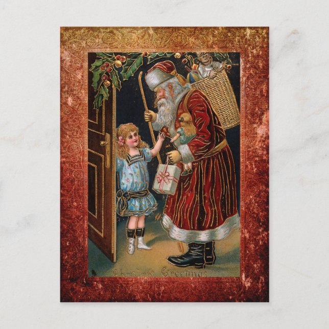 Vintage Father Christmas and Holly Postcard (Front)