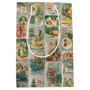 Vintage Father Christmas, Angels & Winter Collage Medium Gift Bag