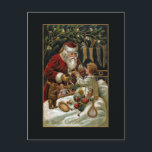 Vintage Father Christmas Giving Gifts to Child Postcard<br><div class="desc">Elegant and timeless traditional Christmas art featuring smiling red-robed Santa giving gifts to a child in bed with stockings hanging nearby and mistletoe overhead. Art is embellished with gold highlights. Back features unique custom complementary graphics with editable text fields.</div>