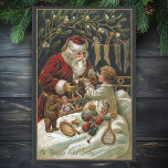 Vintage Father Christmas Giving Gifts to Child Tissue Paper<br><div class="desc">Elegant and timeless traditional Christmas art featuring smiling red-robed Santa giving gifts to a child in bed with stockings hanging nearby and mistletoe overhead. Art is embellished with gold highlights and background colour is editable.</div>