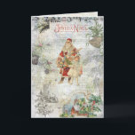 Vintage Father Christmas in Snow Collage Holiday Card<br><div class="desc">Festive seasonal collage of colourful vintage ephemera featuring old world Father Christmas in red robes and gifts with little girl,  engraved holly border and Joyeux Noel text,  brass bell and mistletoe,  pine and winter landscape with snowflakes and distressed background.</div>