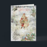 Vintage Father Christmas in Snow Collage Holiday Card<br><div class="desc">Festive seasonal collage of colourful vintage ephemera featuring old world Father Christmas in red robes and gifts with little girl,  engraved holly border and Joyeux Noel text,  brass bell and mistletoe,  pine and winter landscape with snowflakes and distressed background.</div>
