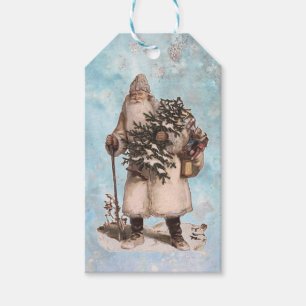 Vintage Father Christmas Santa Silver Snow Falling Gift Tags