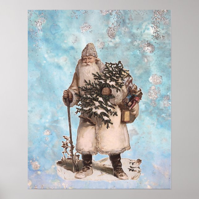 Vintage Father Christmas Santa Silver Snow Falling Poster (Front)