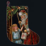 Vintage Father Christmas with Child Small Christmas Stocking<br><div class="desc">Nostalgic red-robed Victorian era Father Christmas giving gifts to little girl framed by open door,  holly and Merry Christmas greeting with gold highlights.</div>