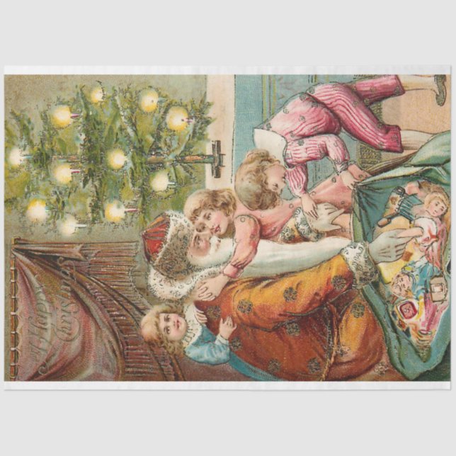 Vintage Father Christmas with Happy Children Tissue Paper (Front)