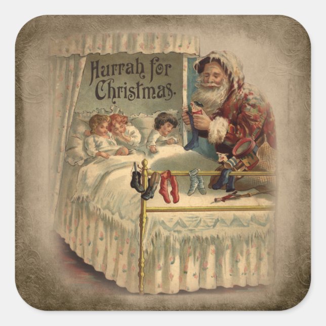 Vintage Father Christmas with Sleeping Children Square Sticker (Front)