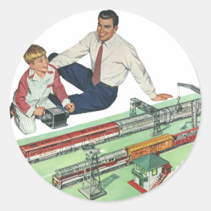 Vintage Father's Day, Dad and Son with Trains Classic Round Sticker