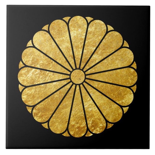 Vintage Faux Gold Black Kiku Chrysanthemum Mon Tile (Front)