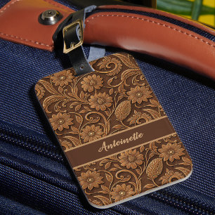 Vintage Faux Leather with Tooled Look Floral Luggage Tag