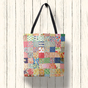 Vintage Faux Patchwork Quilt Monogram Tote Bag