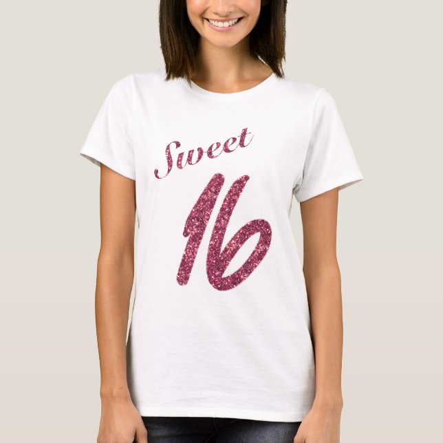 Vintage Faux Pink Glitter Sweet 16  T-Shirt (Front)