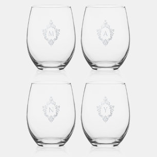 Vintage Faux Silver Crests Gray Monogram Initials Stemless Wine Glass