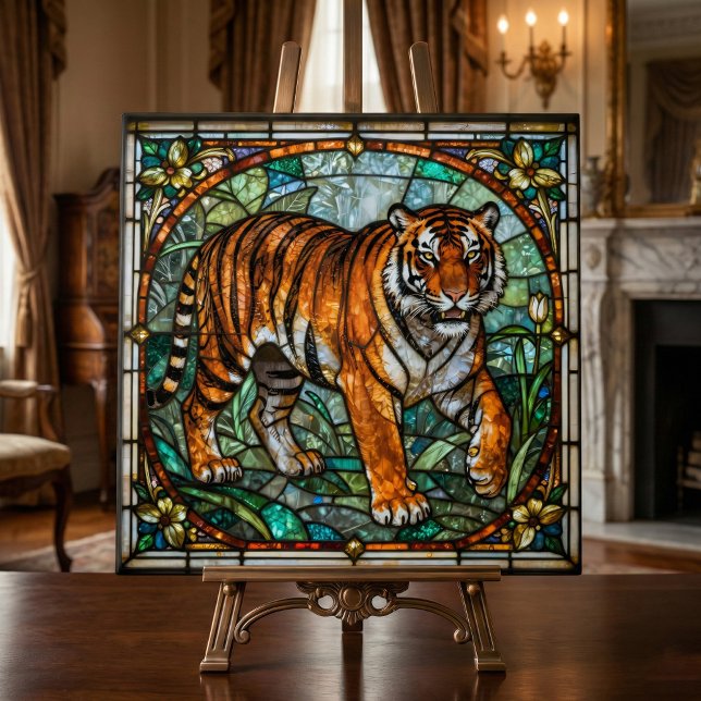 Vintage Faux Stained Glass Tiger Jungle Mosaic Tile (Creator Uploaded)
