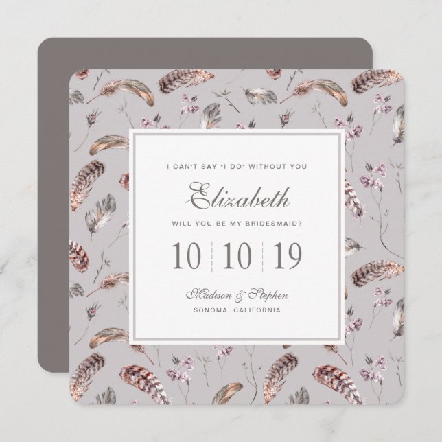 Vintage Feather and Floral Pattern - Bridesmaid Invitation (Front/Back)