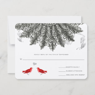 Vintage Feather Fan Love Birds Wedding RSVP Card