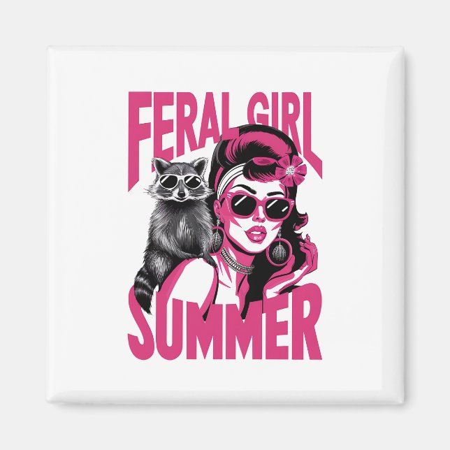 Vintage Feral Girl Summer Opossum Funny Racoon  Magnet (Front)