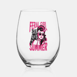 Vintage Feral Girl Summer Opossum Funny Racoon Stemless Wine Glass