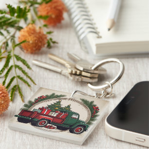 Vintage Festive Christmas Truck with Trees & Gifts Key Ring