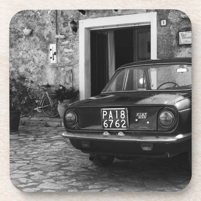 Vintage FIAT car in Italy in monochrome Coaster (Front)
