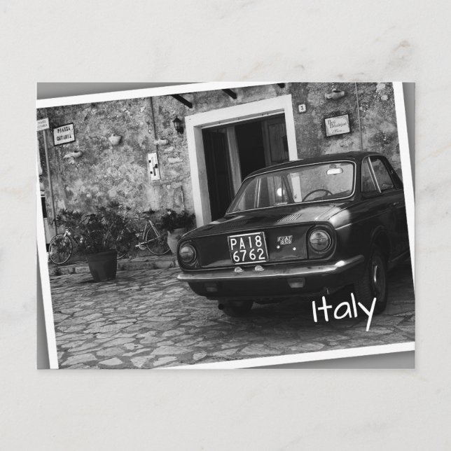 Vintage FIAT car in Italy in monochrome Postcard (Front)