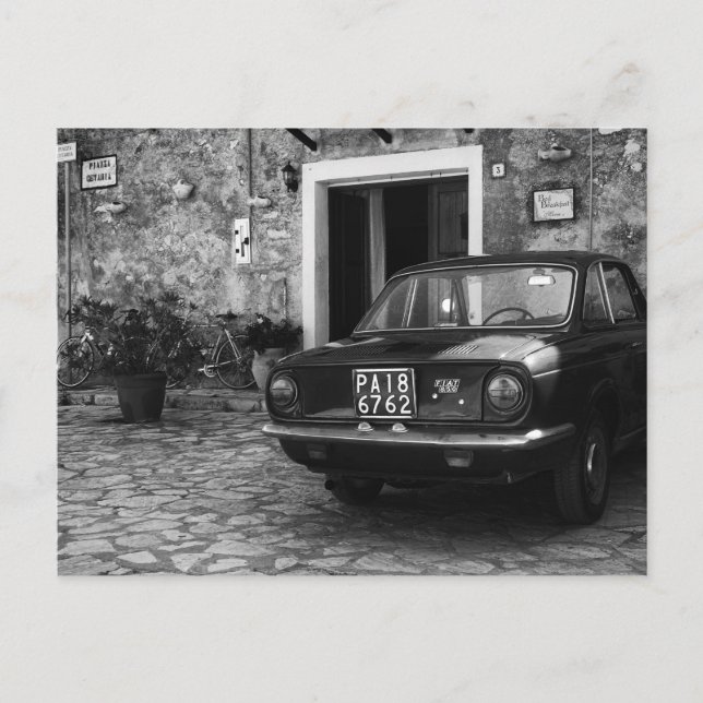 Vintage FIAT car in Italy in monochrome Postcard (Front)
