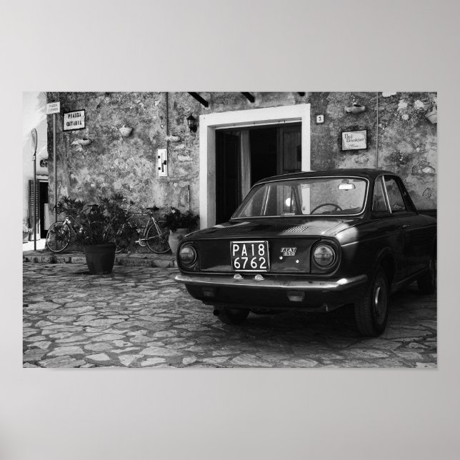 Vintage FIAT car in Italy in monochrome Poster (Front)