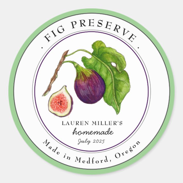 Vintage Fig Preserve Jam jar Round label (Front)