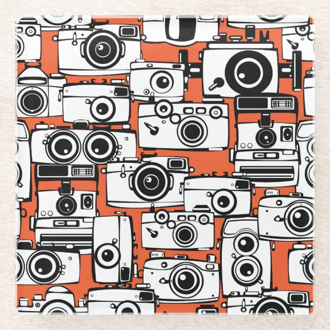 Vintage film cameras, seamless pattern. glass coaster (Front)