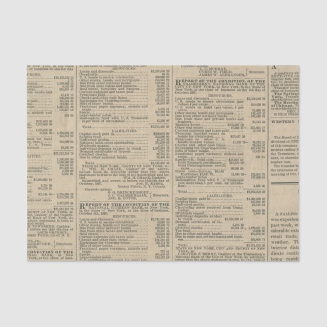 Vintage Financial Report Newspaper Tissue Paper (Front)