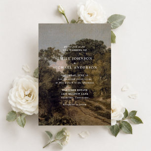Vintage fine art, rustic landscape wedding invitation