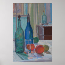 Vintage Fine Art Still-Life Painting Bottles Fruit