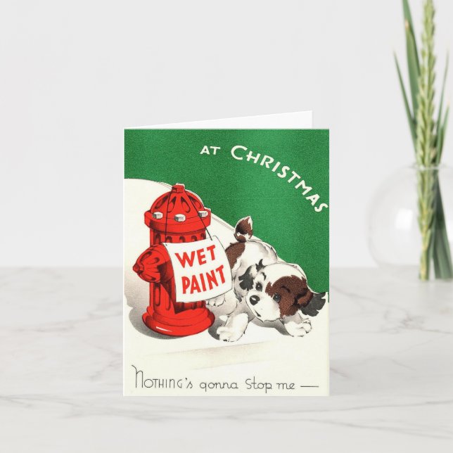Vintage Fire Hydrant Puppy Christmas Card (Front)