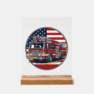 Vintage Fire Truck American Flag Circle Vector Shi Acrylic Sign