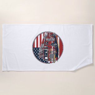 Vintage Fire Truck American Flag Circle Vector Shi Beach Towel