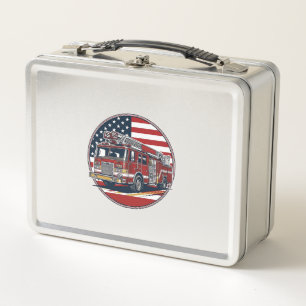 Vintage Fire Truck American Flag Circle Vector Shi Metal Lunch Box