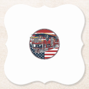 Vintage Fire Truck American Flag Circle Vector Shi Paper Coaster