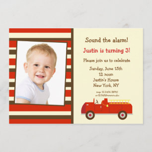 Vintage Fire Truck Photo Birthday Party Invitation