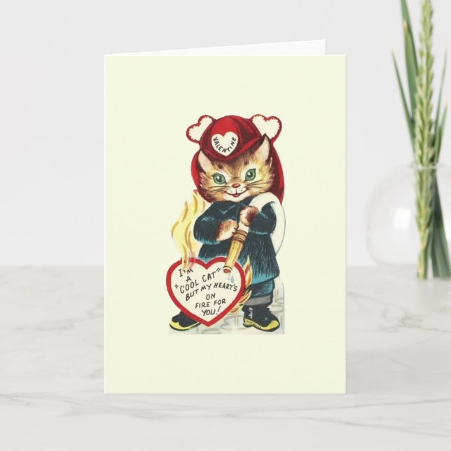 Vintage Firefighter Cat Valentine Holiday Card (Front)
