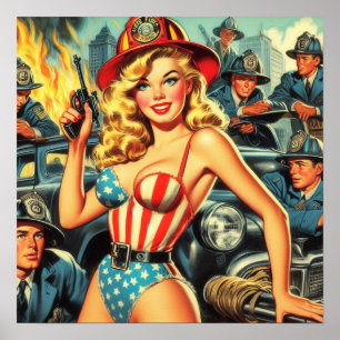 Vintage Firefighter Pin-up Poster