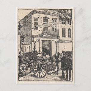 Vintage Firefighters Putting Out Fire Etching Postcard
