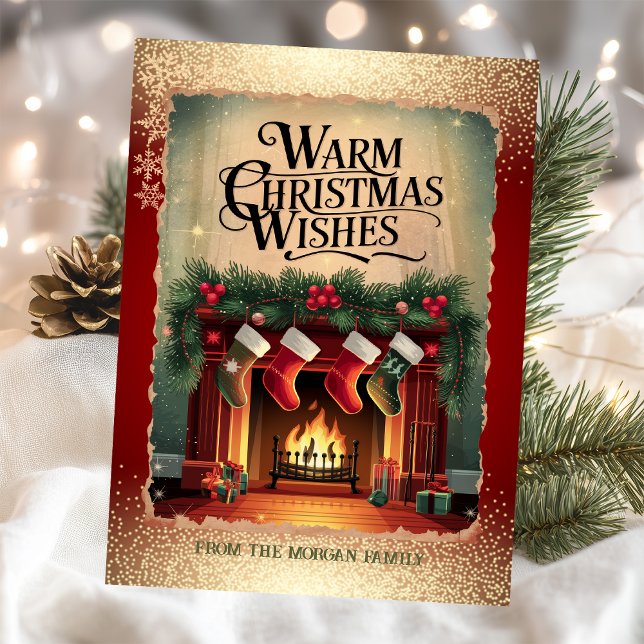 Vintage Fireplace Snowflakes Red Holiday Card (Creator Uploaded)