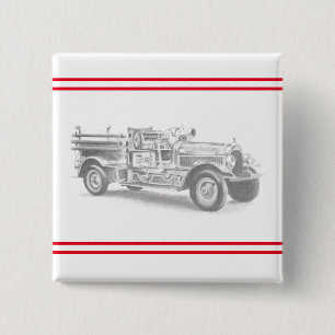 vintage firetruck pencil sketch fireman drawing 15 cm square badge