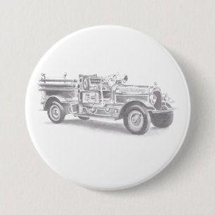 vintage firetruck pencil sketch fireman drawing 7.5 cm round badge