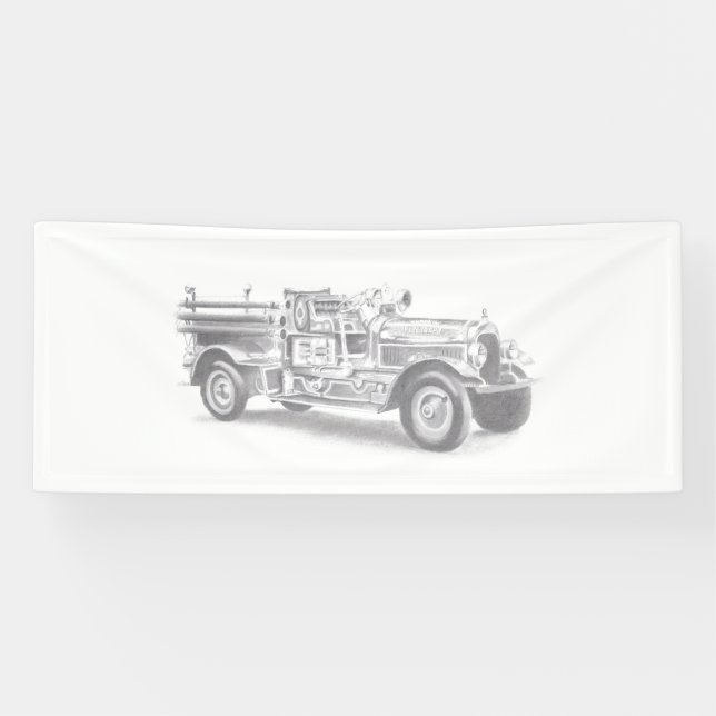 vintage firetruck pencil sketch fireman drawing  banner (Horizontal)